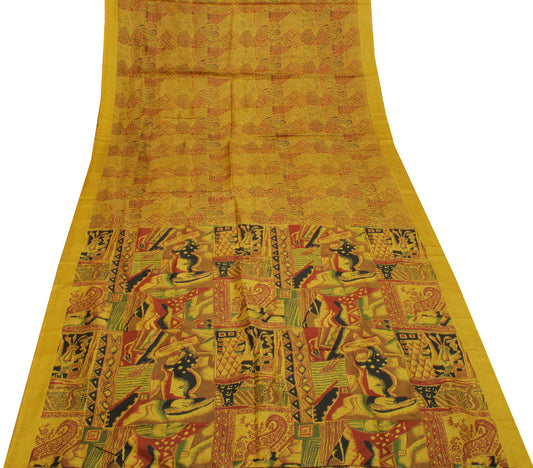 Sushila Vintage Mustard Indian Saree 100% Pure Silk Printed Soft Craft Fabric