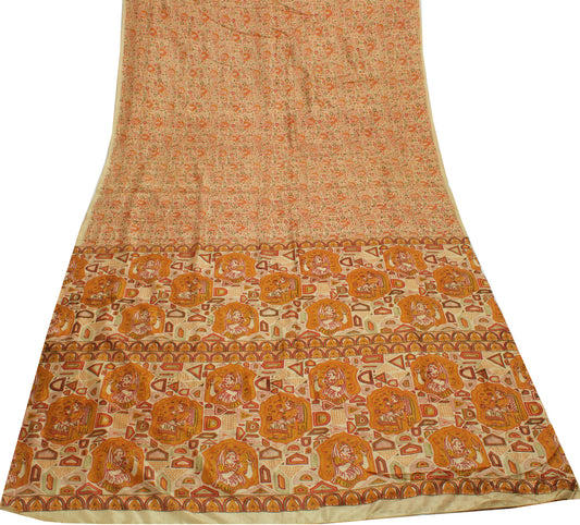 Sushila Vintage Cream Indian Saree 100% Pure Silk Printed Soft Craft Fabric