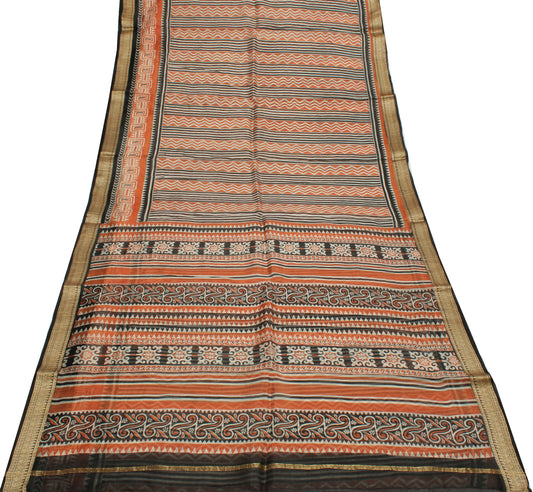 Sushila Vintage Indain Saree 100% Pure Silk Printed Zig-Zag Soft Craft Fabric