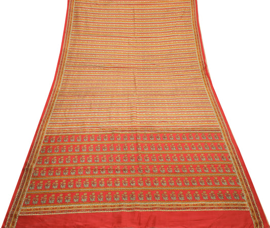 Sushila Vintage Cream Saree 100% Pure Silk Printed Floral Soft Craft Fabric