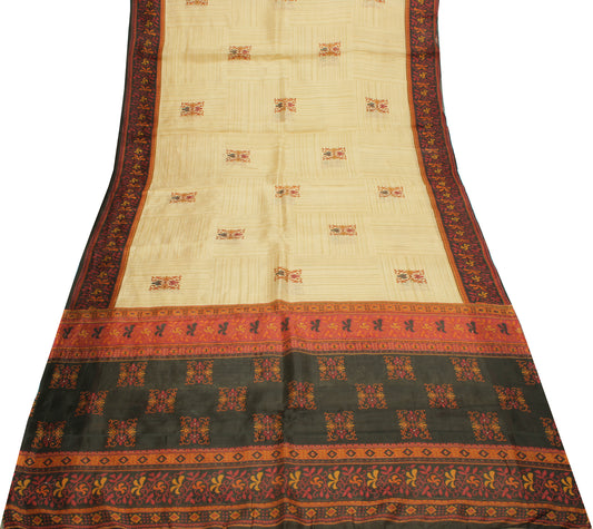 Sushila Vintage Cream Saree 100% Pure Silk Printed Floral Soft Craft Fabric