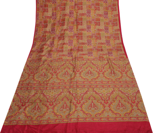 Sushila Vintage Red Indian Saree 100% Pure Silk Printed Soft Craft 5 Yard Fabric