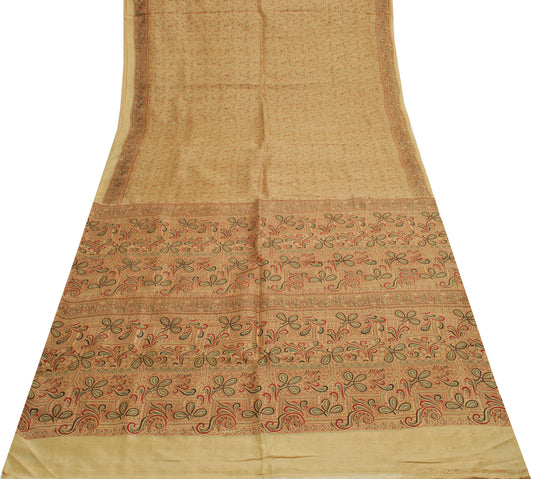 Sushila Vintage Cream Saree 100% Pure Silk Printed Floral Soft Craft Fabric