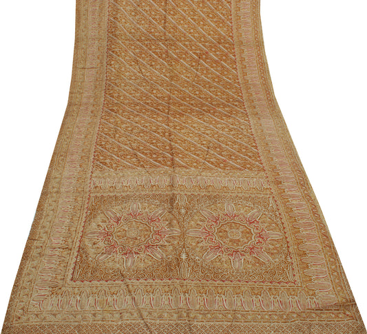 Sushila Vintage Brown Saree 100% Pure Silk Printed Floral Soft Craft Fabric
