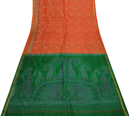 Sushila Vintage Orange Saree 100% Pure Silk Printed Floral Soft Craft Fabric