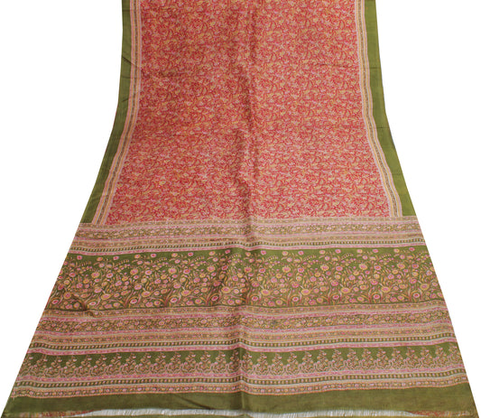 Sushila Vintage Red Saree 100% Pure Silk Printed Floral Soft Craft 5 Yard Fabric