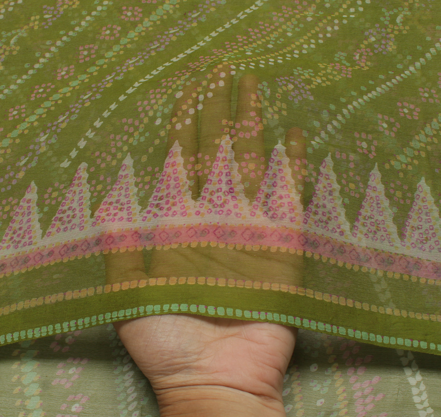 Sushila Vintage Green Saree 100% Pure Chiffon Silk Printed Craft Sari Fabric
