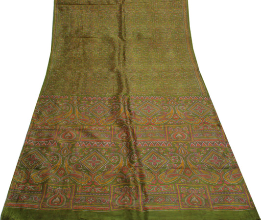 Sushila Vintage Green Saree 100% Pure Silk Printed Floral Craft Sari Fabric