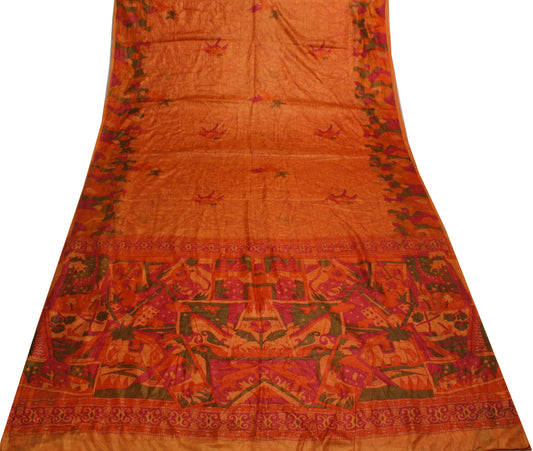 Sushila Vintage Rust Saree Blend Silk Printed Floral Soft Craft Sari Fabric