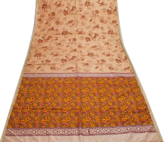 Sushila Vintage Peach Saree 100% Pure Silk Printed Floral Soft Craft Fabric
