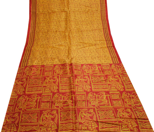 Sushila Vintage Mustard Saree 100% Pure Silk Printed Soft Craft 5 Yard Fabric