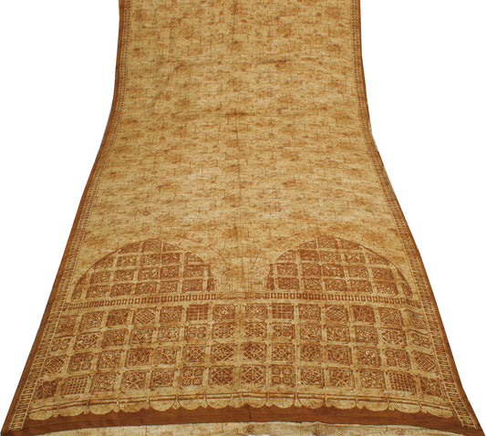 Sushila Vintage Brown Saree 100% Pure Silk Printed Soft Craft 5 Yard Fabric