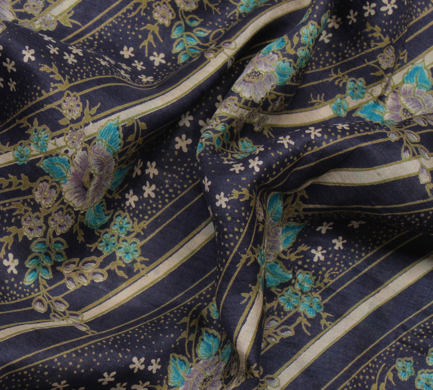 Sushila Vintage Blue Saree 100% Pure Silk Printed Floral Soft Craft 5 YD Fabric