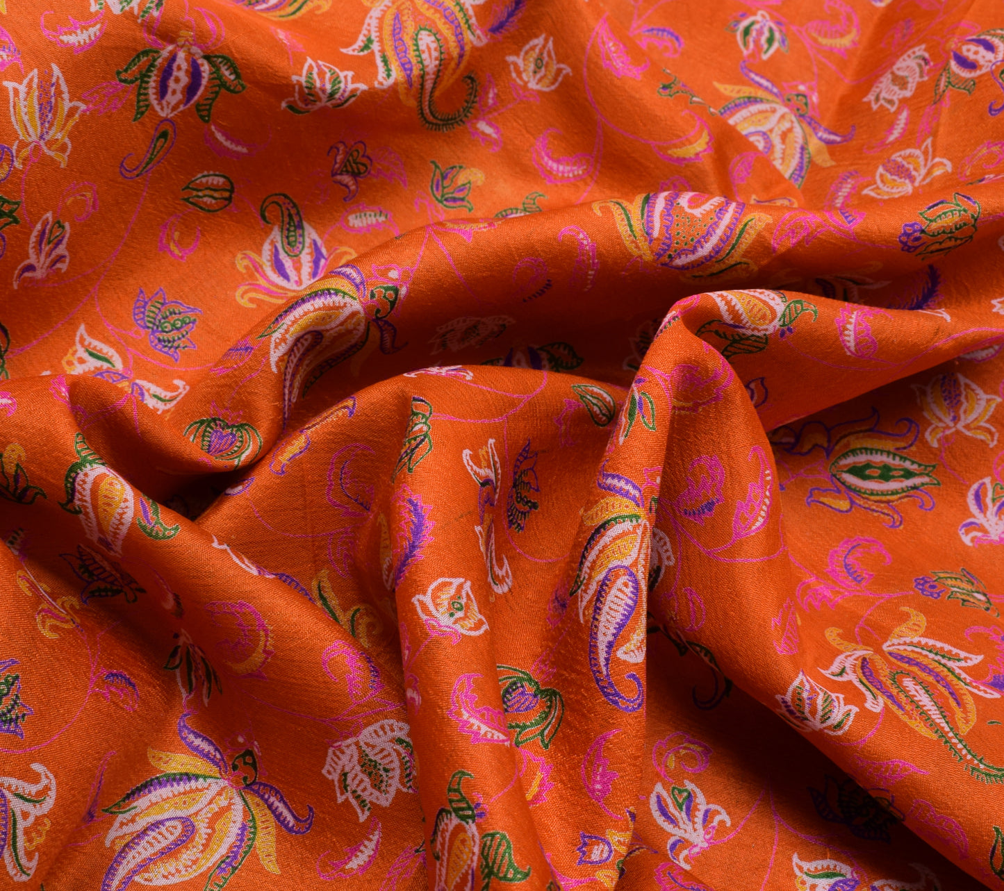Sushila Vintage Orange Saree 100% Pure Silk Printed Floral Soft Craft Fabric