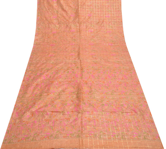 Sushila Vintage Peach Saree 100% Pure Silk Printed & Woven Soft Craft Fabric