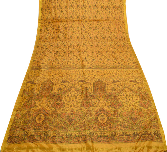 Sushila Vintage Yellow Saree 100% Pure Silk Printed Floral Soft Craft Fabric