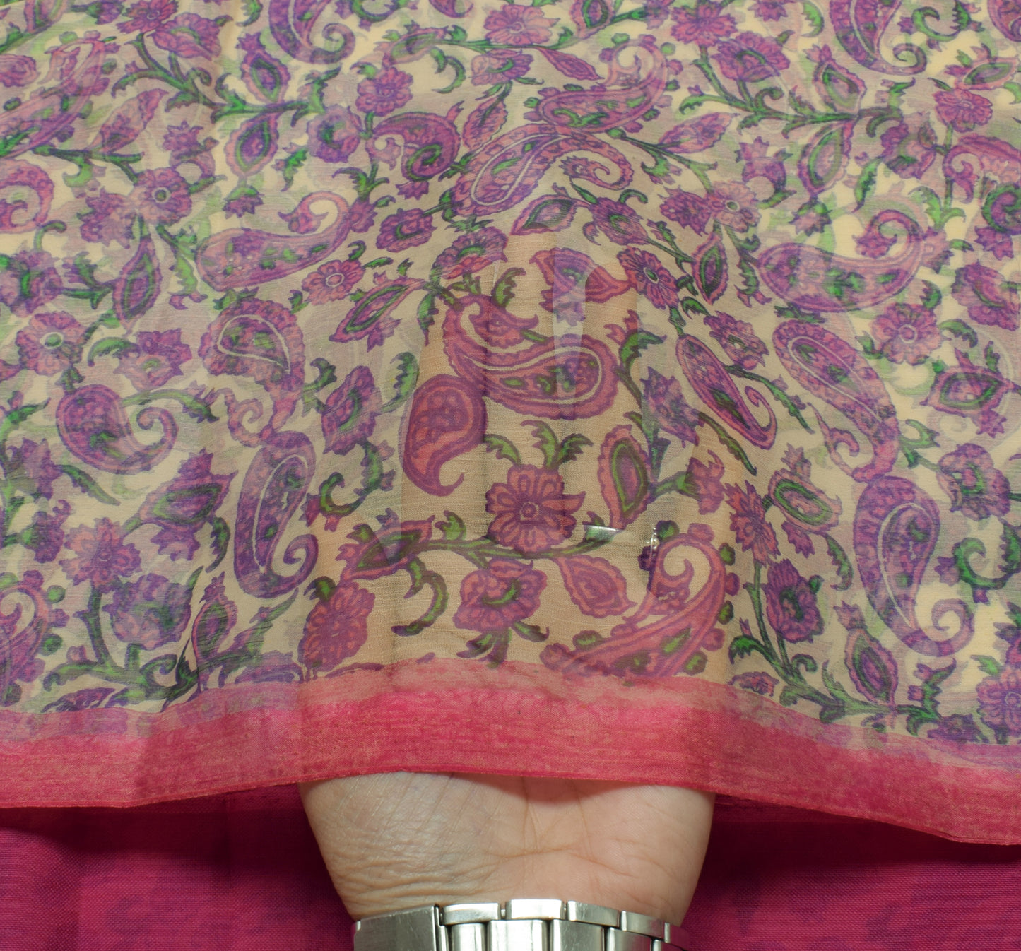 Sushila Vintage Cream Saree Blend Chiffon Silk Printed Paisley Soft Craft Fabric