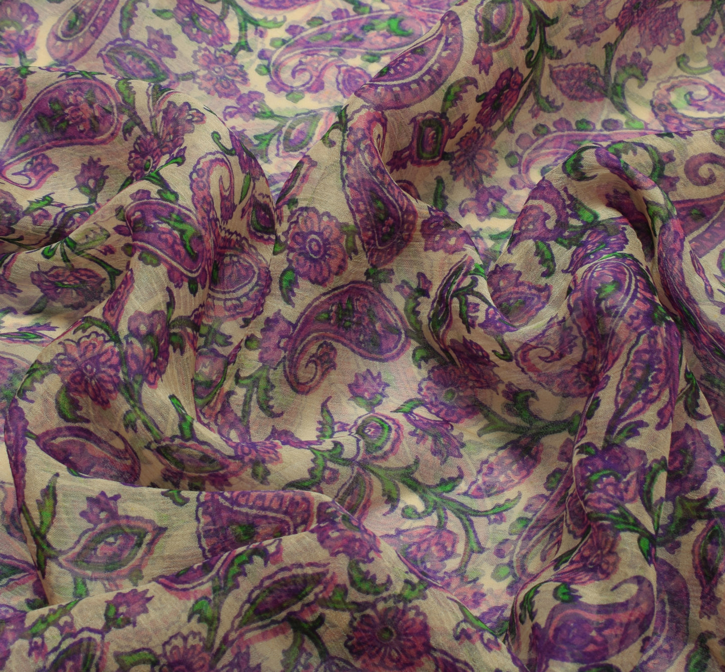 Sushila Vintage Cream Saree Blend Chiffon Silk Printed Paisley Soft Craft Fabric