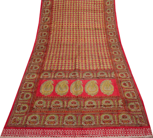 Sushila Vintage Red Saree 100% Pure Silk Printed Floral Soft Craft Sari Fabric