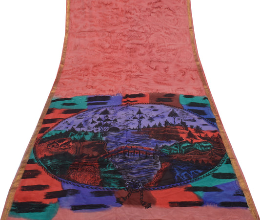 Sushila Vintage Peach Saree 100% Pure Silk Printed Soft Craft 5 Yard Fabric