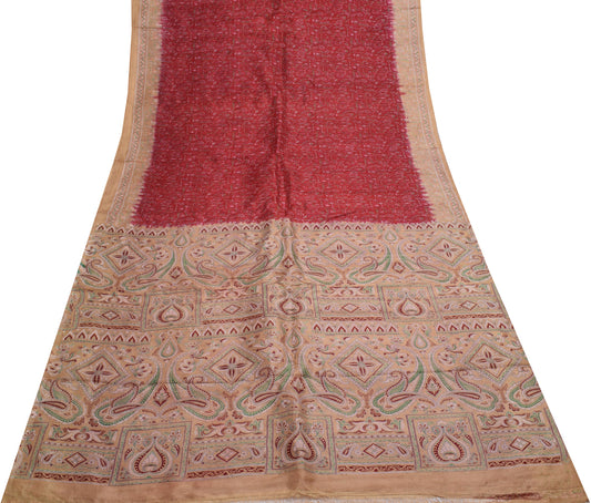 Sushila Vintage Red Saree 100% Pure Silk Printed Floral Soft Craft 5 Yard Fabric