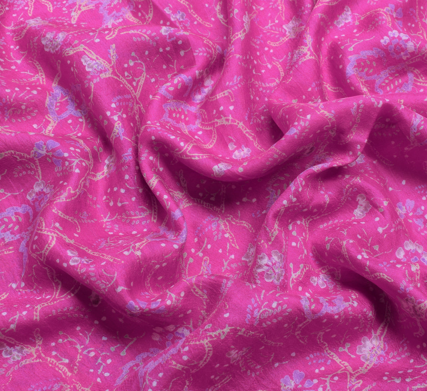 Sushila Vintage Purple Saree 100% Pure Silk Printed Floral Soft Craft Fabric