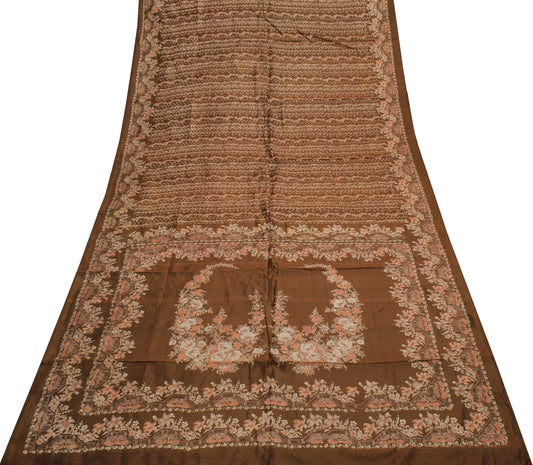 Sushila Vintage Brown Saree 100% Pure Silk Printed Floral Soft Craft Fabric