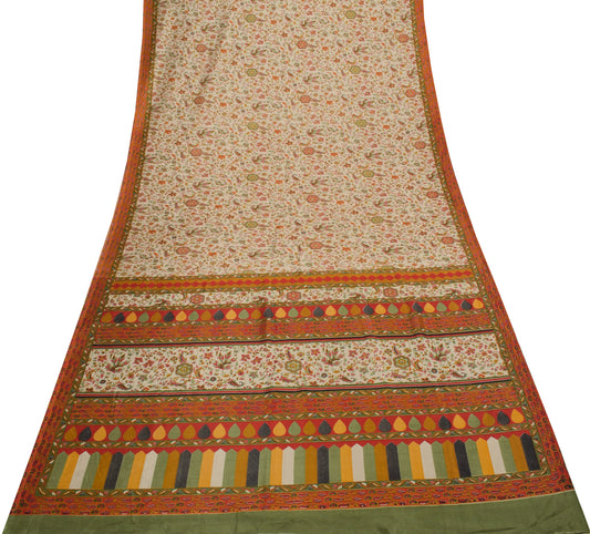 Sushila Vintage Indian Cream Saree Blend Silk Printed Floral Soft Craft Fabric
