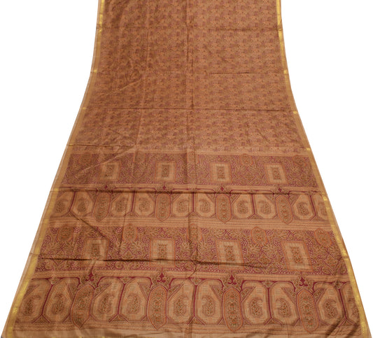 Sushila Vintage Brown Saree 100% Pure Silk Printed Floral Soft Craft Fabric