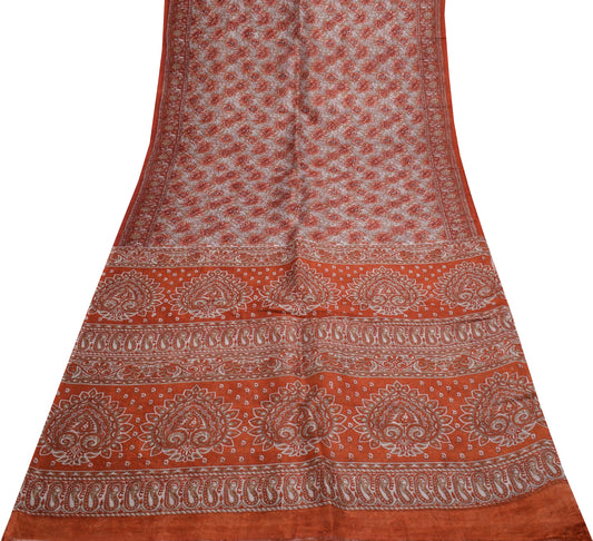 Sushila Vintage Brown Saree 100% Pure Silk Printed Floral Soft Craft Fabric