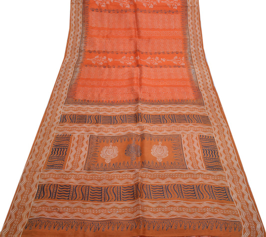 Sushila Vintage Orange Indian Saree 100% Pure Silk Printed 5 Yard Craft Fabric