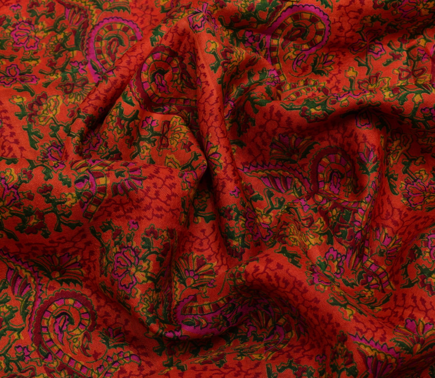 Sushila Vintage Dark Orange Saree Pure Silk Printed Floral Soft Craft Fabric