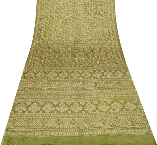Sushila Vintage Green Saree Blend Silk Printed Floral Soft Craft 5 Yard Fabric
