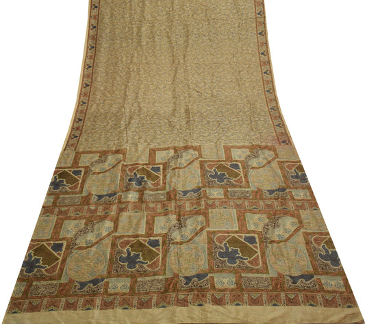 Sushila Vintage Light Brown Saree Pure Silk Printed Floral Soft Craft Fabric