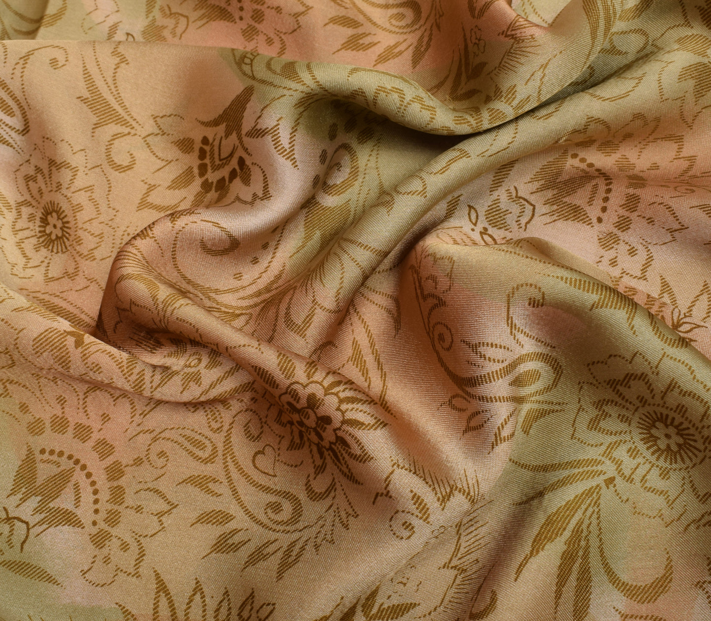 Sushila Vintage Peach & Green Saree Art Satin Silk Printed Floral Soft Craft Fabric