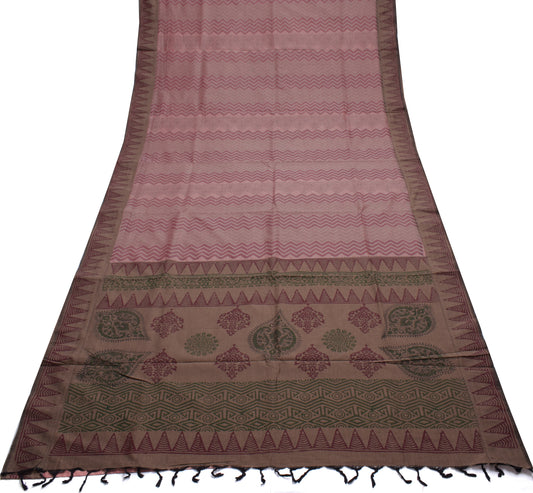 Sushila Vintage Indian Saree Blend Silk Hand Block Printed Zig-Zag Sari Fabric
