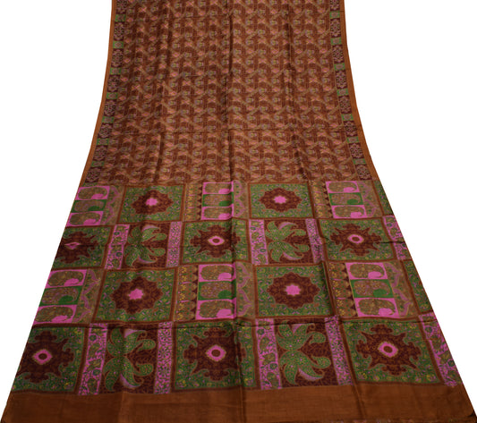Sushila Vintage Indian Saree 100% Pure Silk Printed Floral Soft Craft Fabric