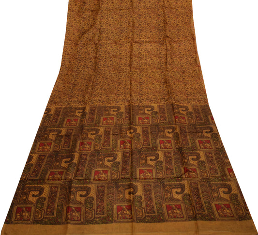 Sushila Vintage Brown Saree 100% Pure Silk Printed Soft Craft 5 Yard Fabric