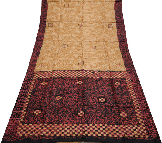 Sushila Vintage Brown Saree 100% Pure Silk Printed Floral Soft Craft Fabric