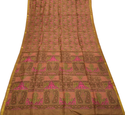 Sushila Vintage Brown Saree 100% Pure Silk Printed Floral Soft Craft Fabric
