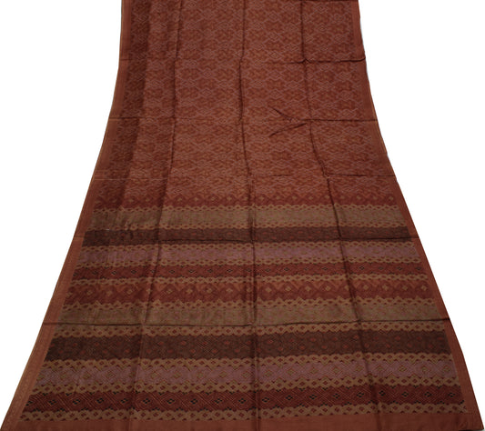 Sushila Vintage Brown Saree 100% Pure Silk Printed 5 Yard Soft Craft Fabric