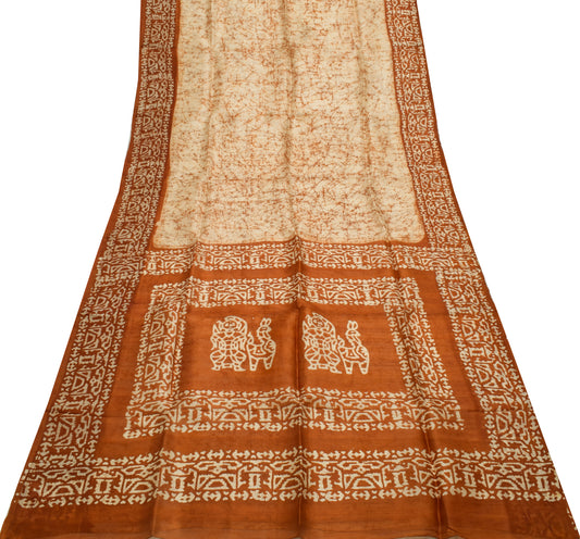 Sushila Vintage Light Brown Saree Pure Silk Batik Printed Soft Craft Fabric