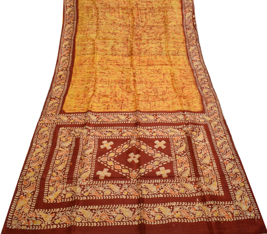 Sushila Vintage Yellow Saree 100% Pure Silk Batik Printed Soft Craft Fabric