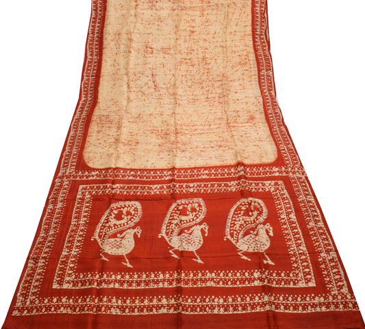Sushila Vintage Cream Saree 100% Pure Silk Batik Printed Soft Craft Sari Fabric