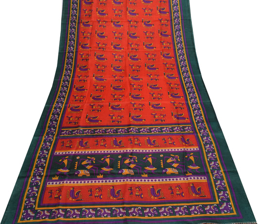Sushila Vintage Dark Orange Saree Blend Silk Printed 5 Yard Soft Craft Fabric