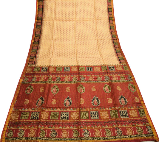 Sushila Vintage Beige Indian Saree 100% Pure Silk Printed Soft Craft Fabric