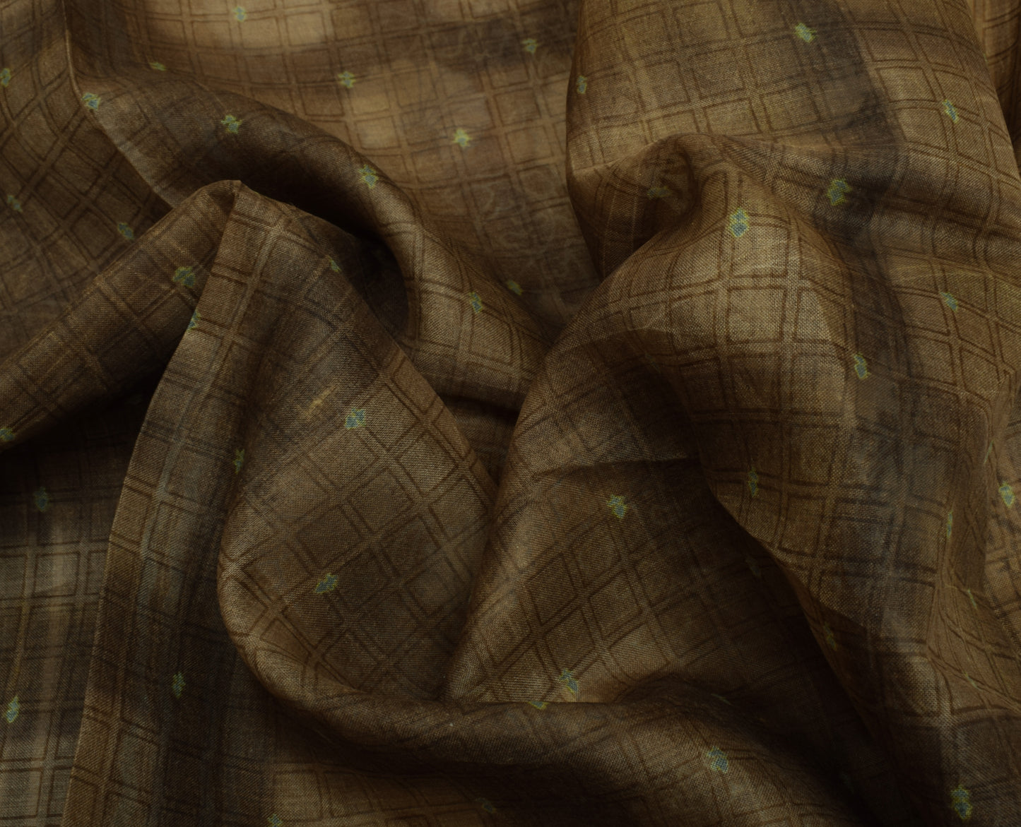 Sushila Vintage Brown Saree 100% Pure Silk Printed Checks Soft Craft Fabric