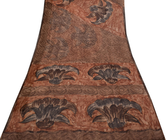 Sushila Vintage Brown Saree Blend Chiffon Silk Printed Soft Craft 5 Yard Fabric