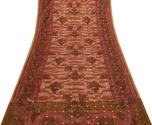 Sushila Vintage Indian Brown Saree Blend Silk Printed Soft Craft Sari Fabric