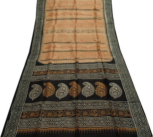 Sushila Vintage Brown Saree 100% Pure Silk Printed Floral 5 Yard Craft Fabric